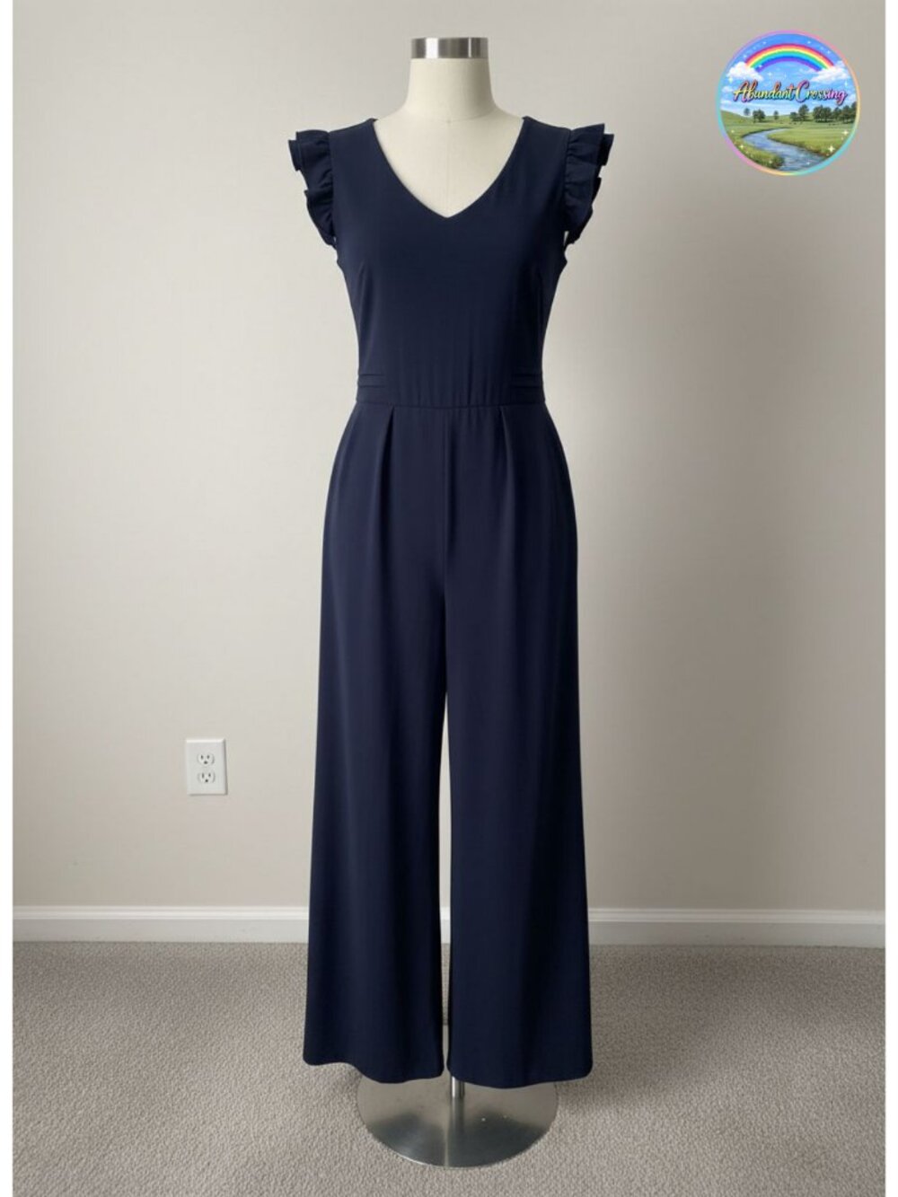 Women's Stretch Knit Wide Leg Jumpsuit with Cap Sleeve and Ruffle Detail